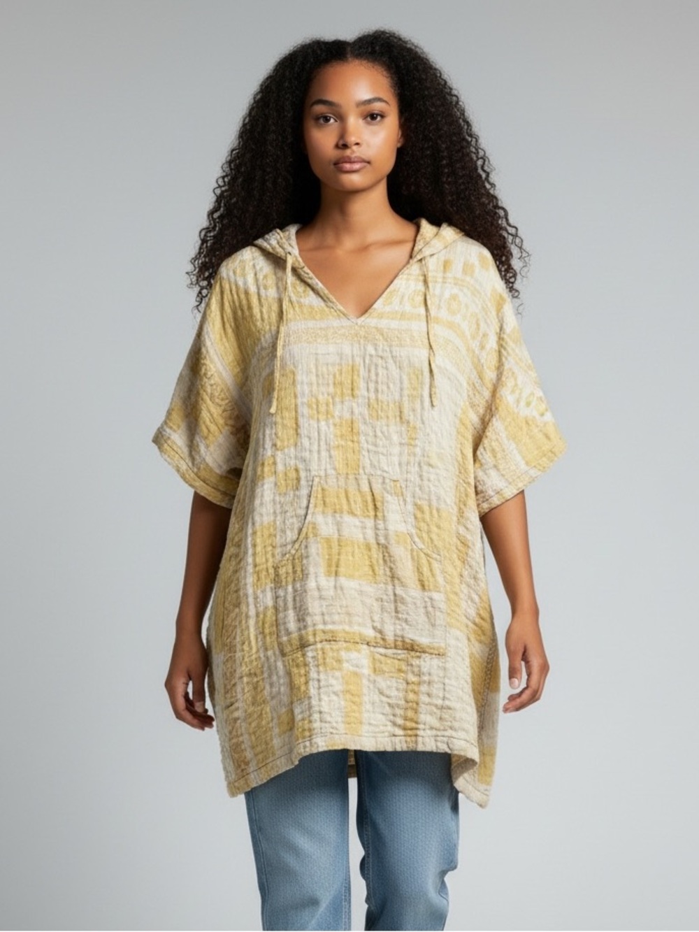 KANTHA Item 136 Hooded Poncho  BOHO COMFY with pockets, handmade reversible OS